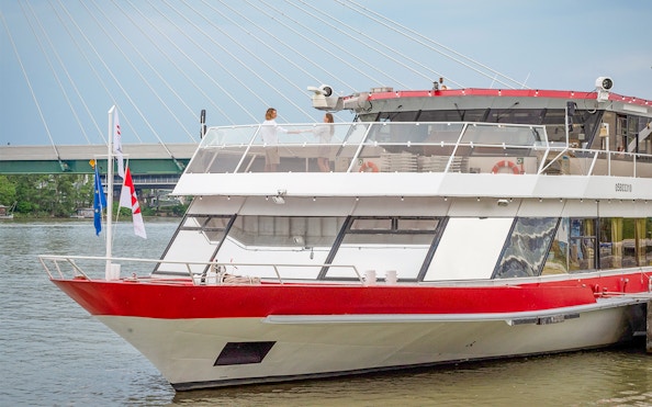 Cruise ship docked on the Danube River near Vienna, Austria.