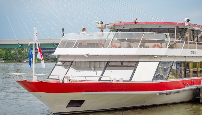 Cruise ship docked on the Danube River near Vienna, Austria.