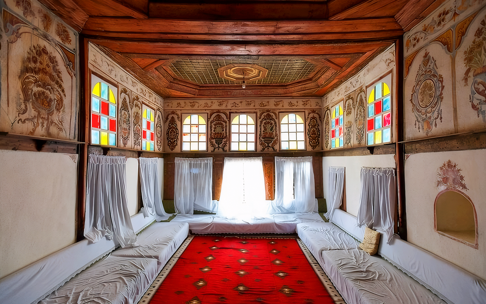 Interior of Gjirokastra Castle with colorful stained glass windows and ornate wooden ceiling.