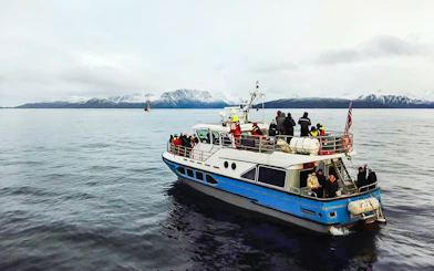Cruise ship with tourists on a whale watching tour in icy waters with snowy mountains.