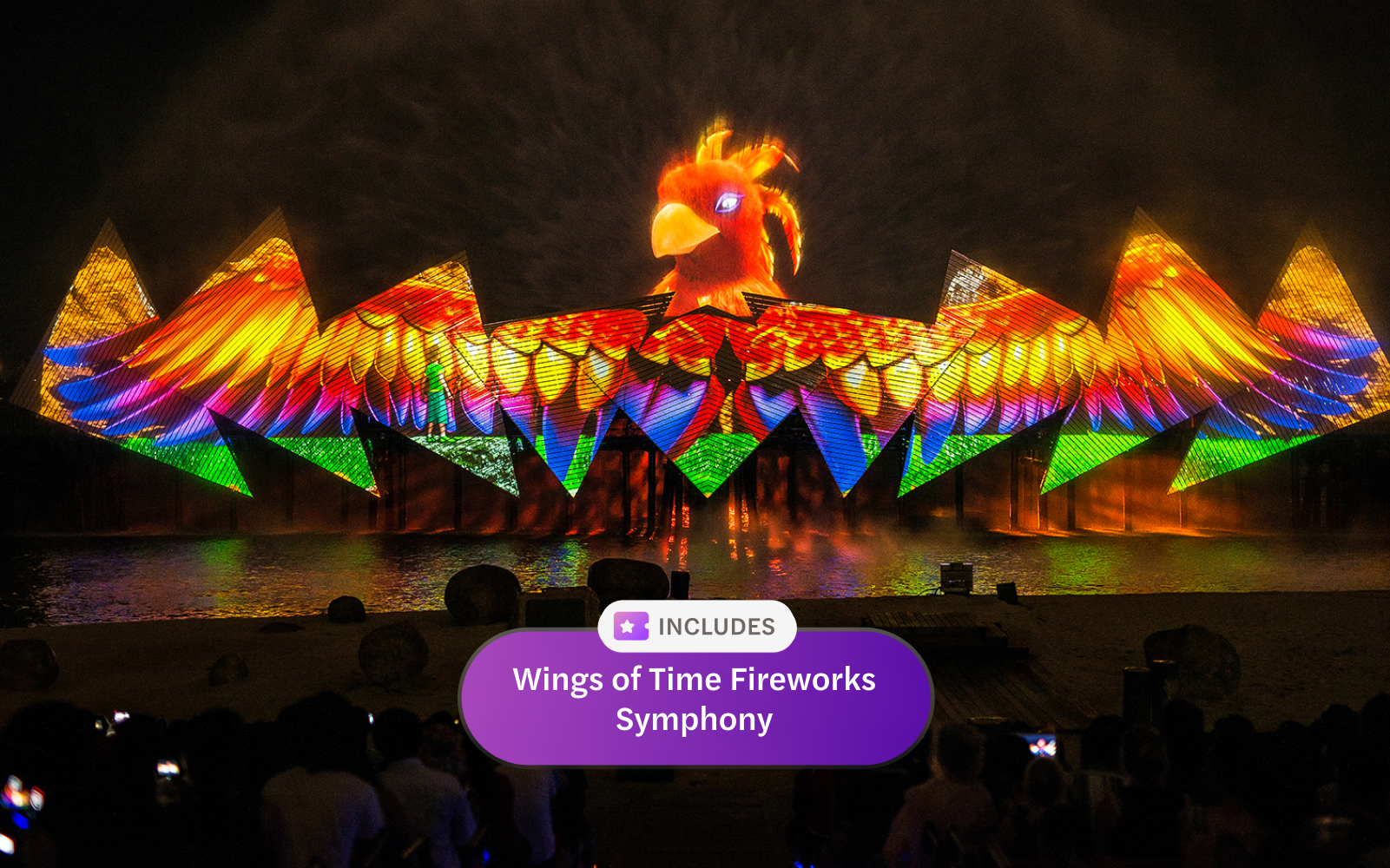 Wings of Time night show with colorful phoenix projection at Sentosa Island.