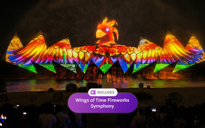 Wings of Time night show with colorful phoenix projection at Sentosa Island.
