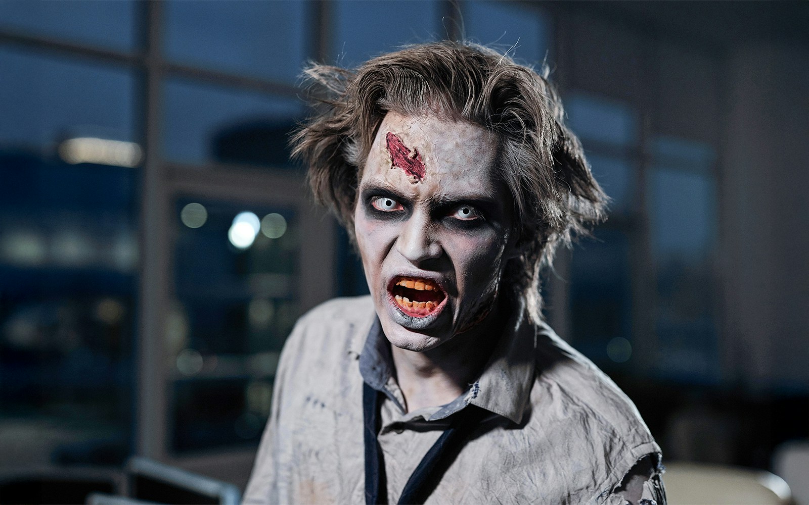 Zombie character at Blood Manor attraction in NYC.