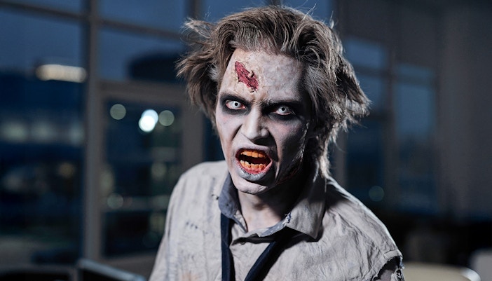 Zombie character at Blood Manor attraction in NYC.