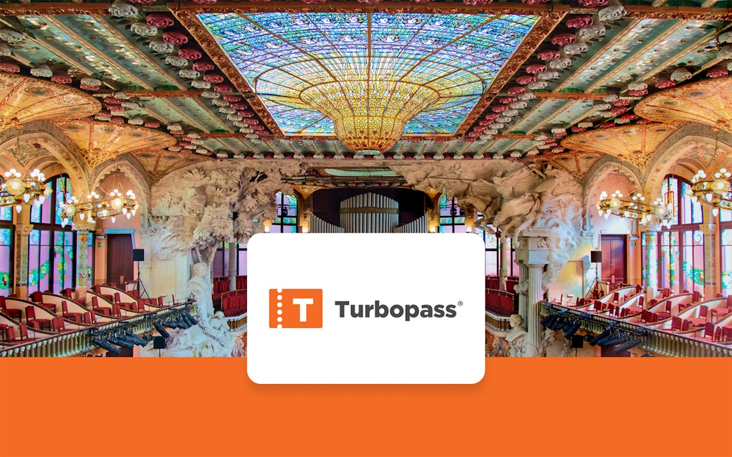 Palau de la Música Catalana interior with stained glass ceiling, Barcelona.