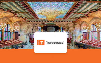 Palau de la Música Catalana interior with stained glass ceiling, Barcelona.