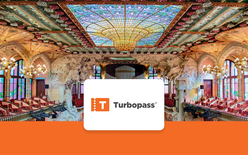 Palau de la Música Catalana interior with stained glass ceiling, Barcelona.