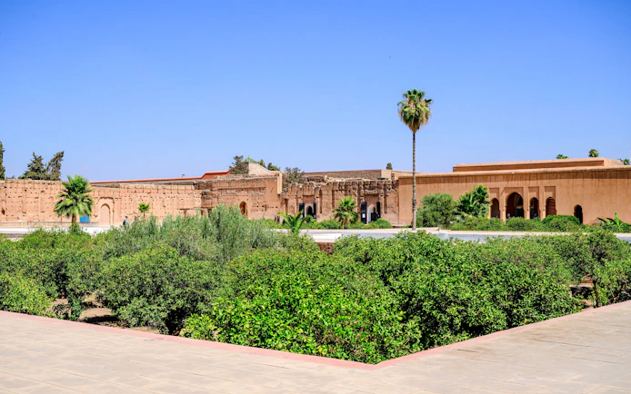El Badi Palace ruins with surrounding gardens in Marrakech, Morocco.
