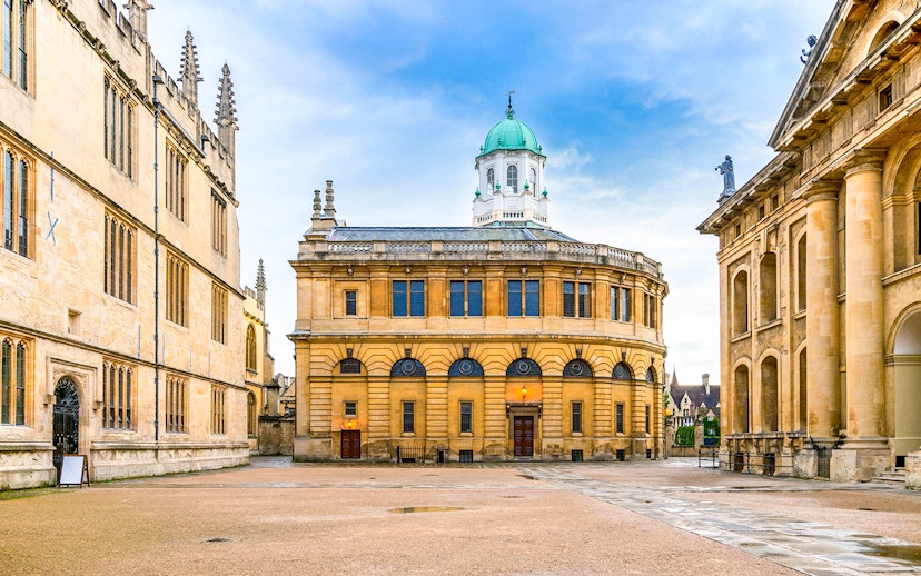 Sheldonian Theatre in Oxford with its distinctive dome and surrounding historic architecture.