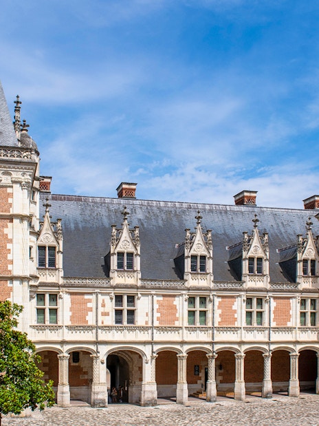 Royal Blois Castle courtyard with ornate architecture and blue sky.