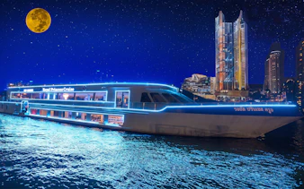 Royal Princess Cruise ship illuminated at night with city skyline and full moon.