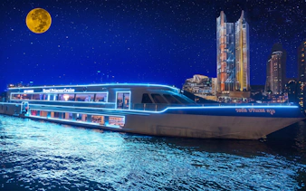 Royal Princess Cruise ship illuminated at night with city skyline and full moon.