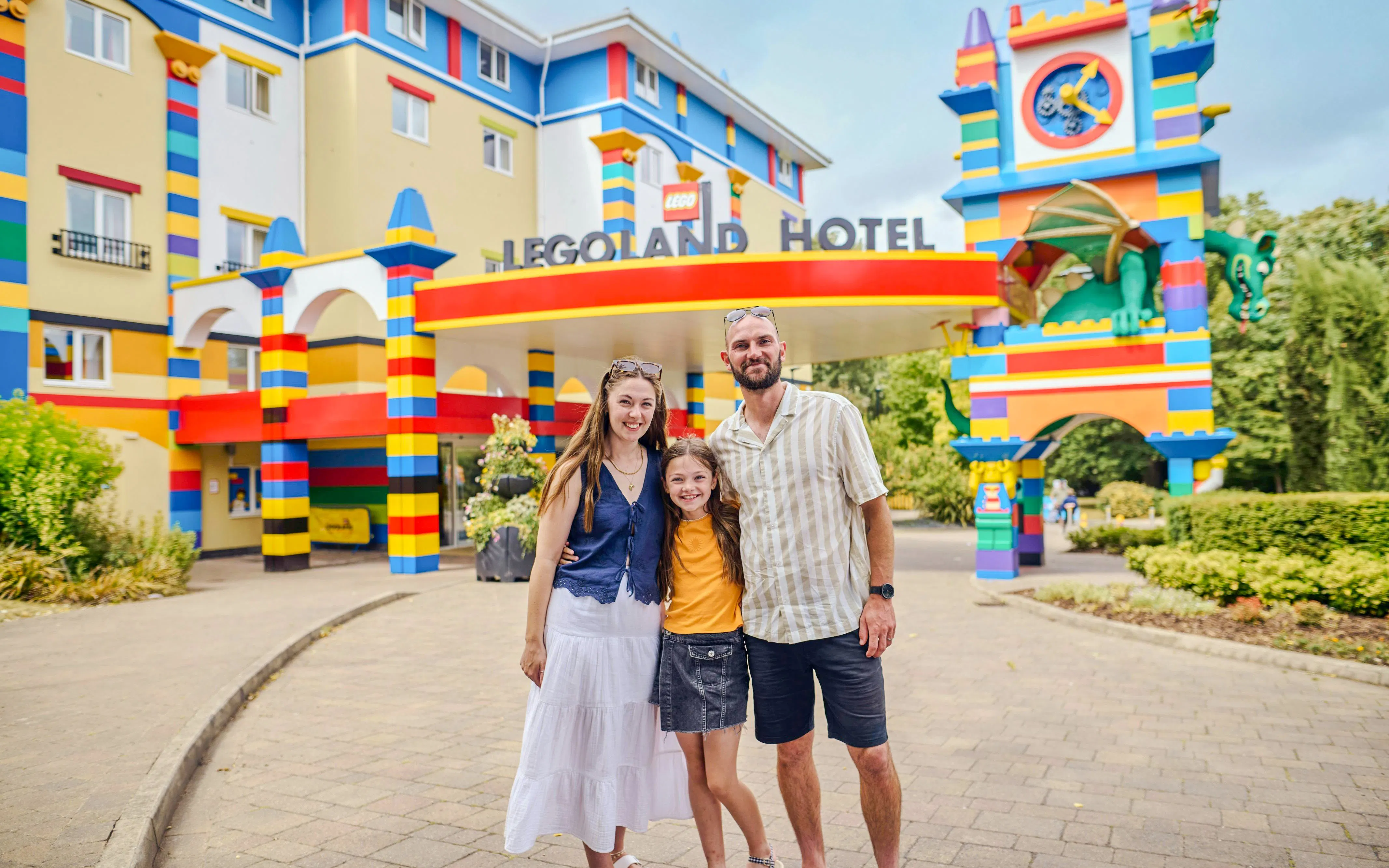 Legoland Resort Hotel entrance with colorful Lego-themed architecture, Windsor.