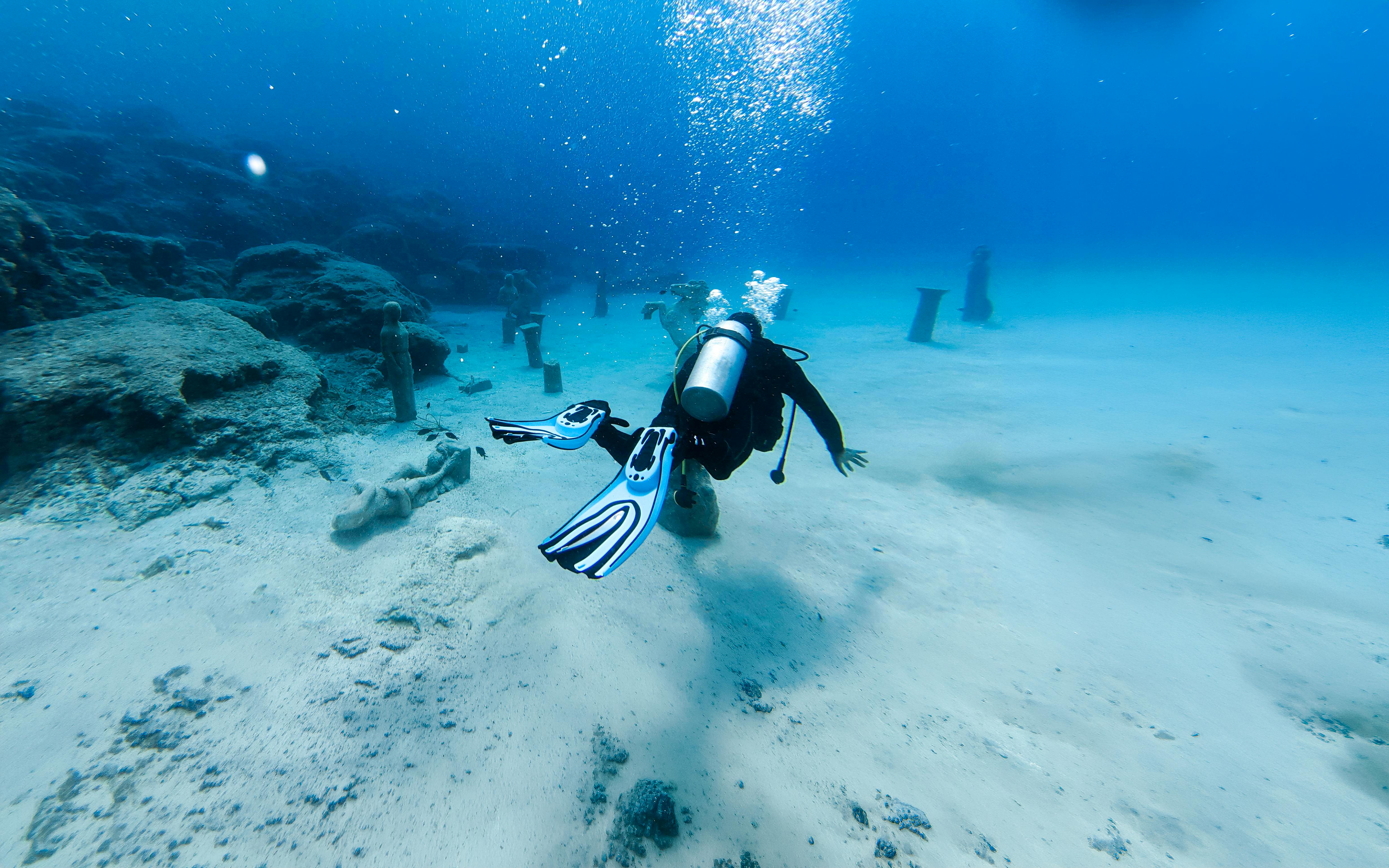 Diver exploring underwater sculptures in Green Bay during a private discovery dive.