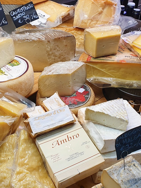 Assorted Italian cheeses on display at a Florence market during a food tour.