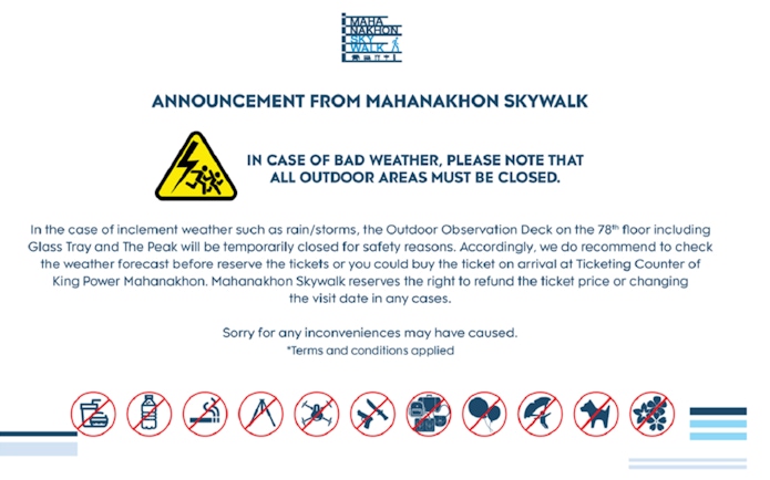 Mahanakhon SkyWalk weather closure notice for outdoor areas.