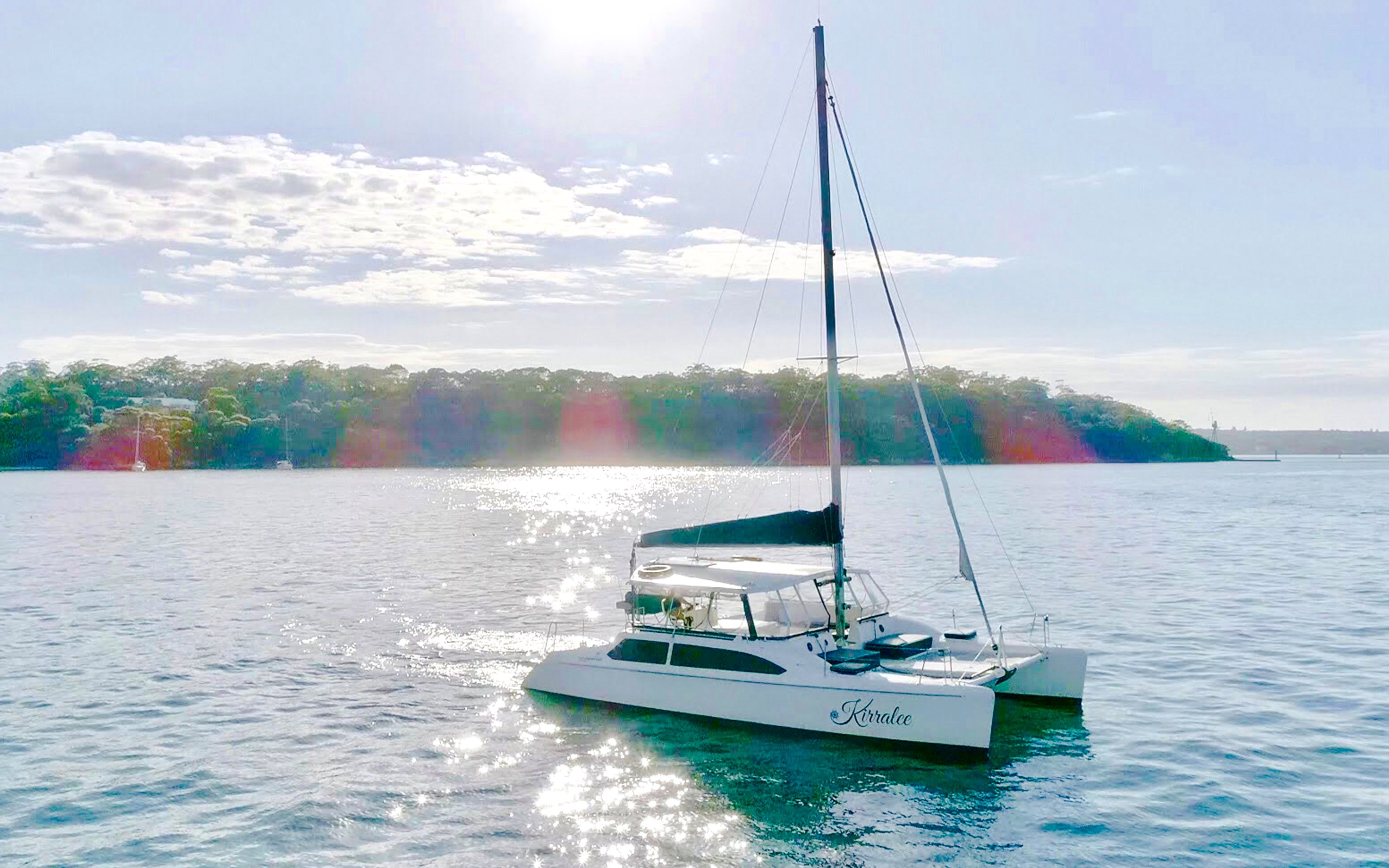 Luxury catamaran on Sydney Harbour during Vivid Sydney cruise.
