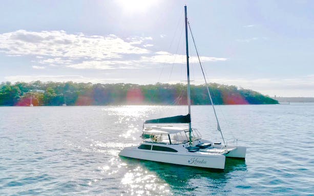 Luxury catamaran on Sydney Harbour during Vivid Sydney cruise.