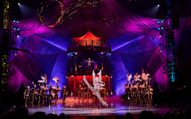 Acrobats performing at Kooza show in Brisbane with vibrant stage and costumes.