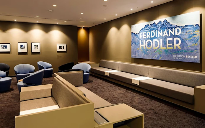 Aspire ONE Lounge seating area with artwork at Zurich Airport, Airside Centre, T1.