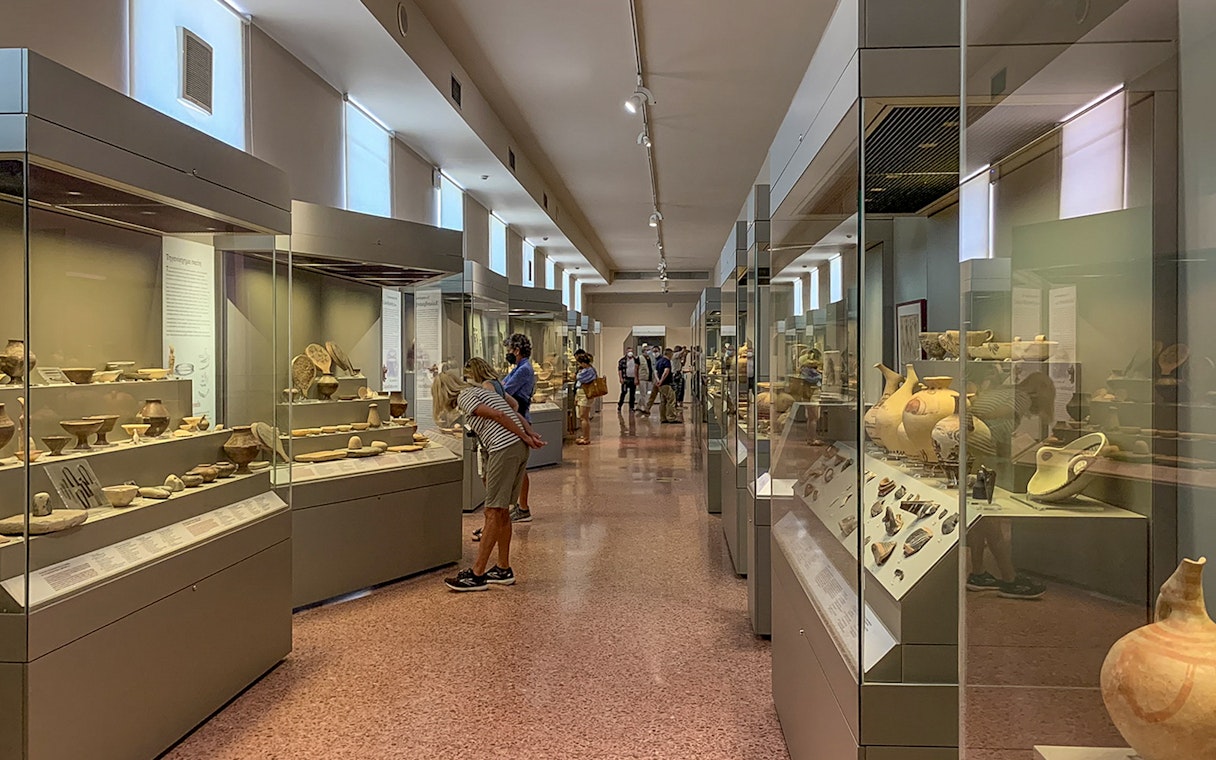 Exhibits of ancient pottery inside National Archaeological Museum.