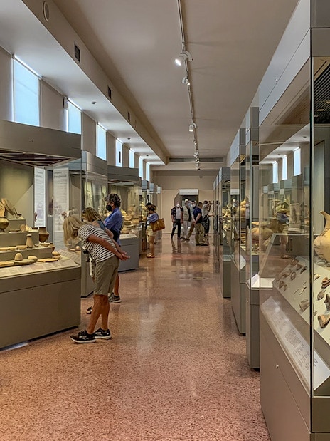 Exhibits of ancient pottery inside National Archaeological Museum.