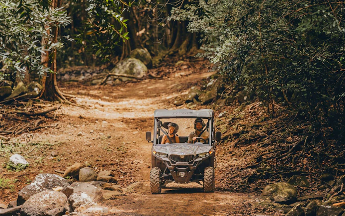 Two people driving a buggy through a forest trail in Bel Ombre.