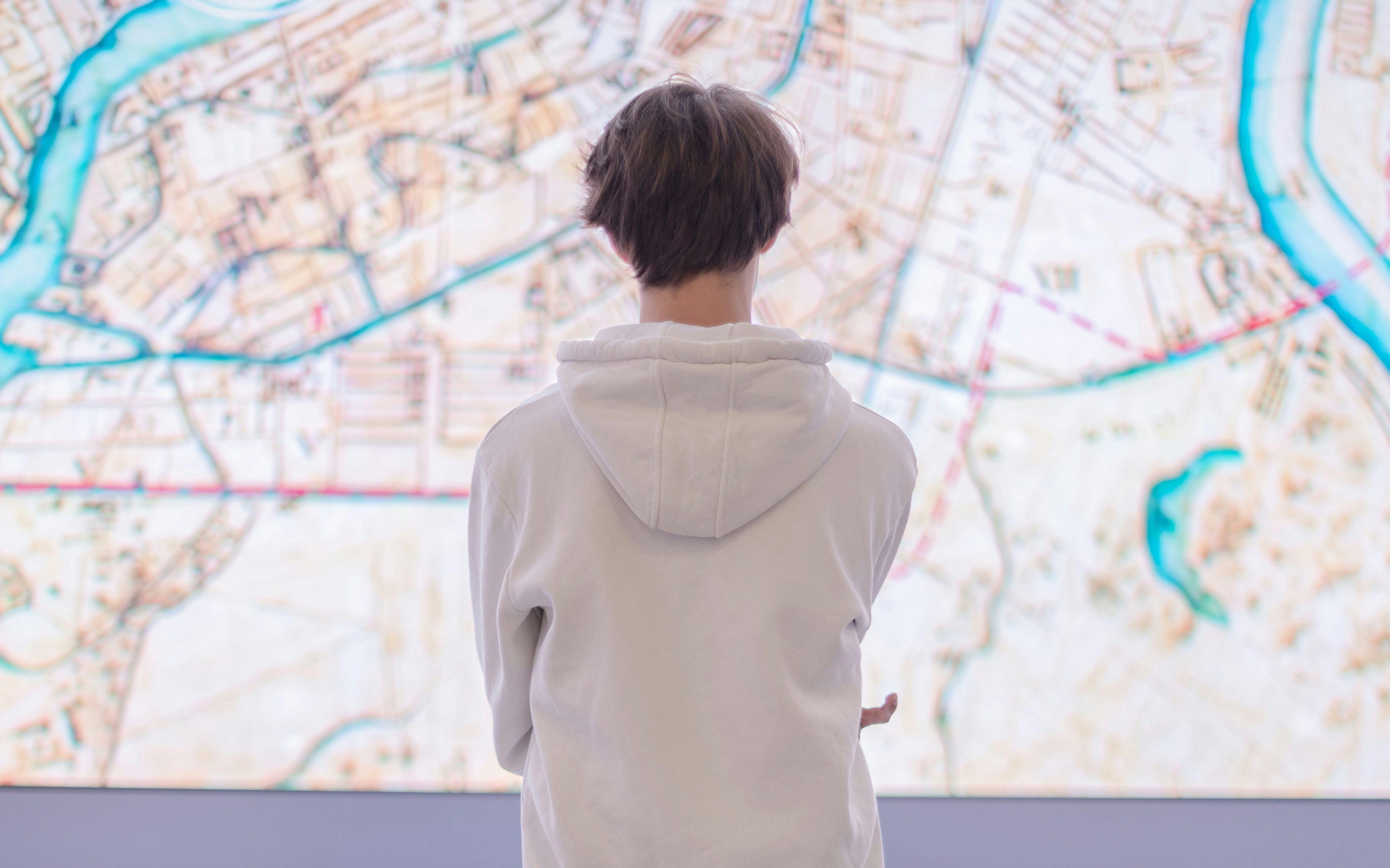 Person examining a large city map display.