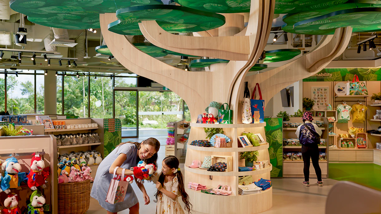 Gift shop at Singapore Zoo with plush toys and souvenirs on display.