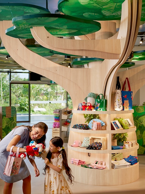 Gift shop at Singapore Zoo with plush toys and souvenirs on display.