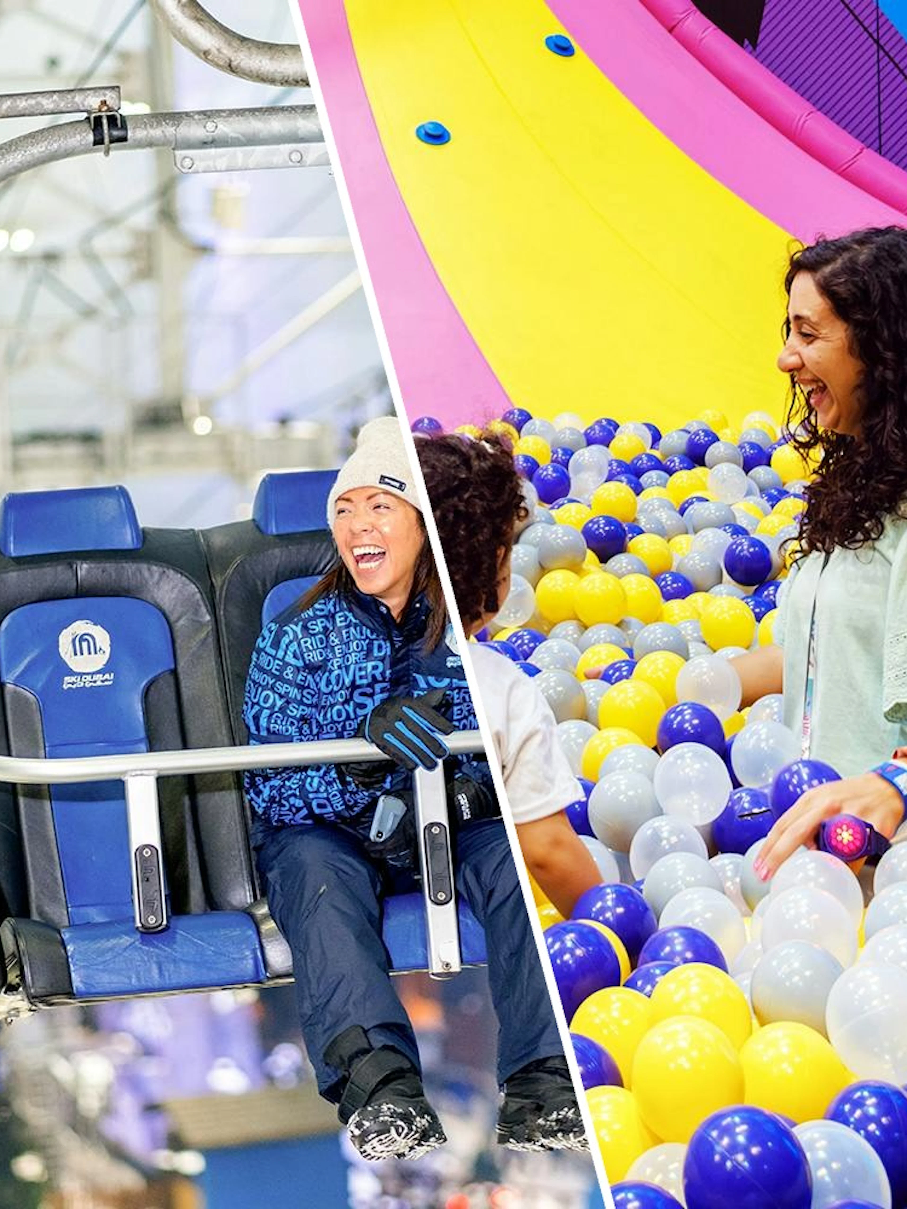 People enjoying a chairlift ride at Ski Dubai Snow Park and playing in a colorful ball pit at Loco Bear.