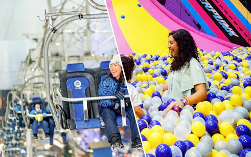 People enjoying a chairlift ride at Ski Dubai Snow Park and playing in a colorful ball pit at Loco Bear.