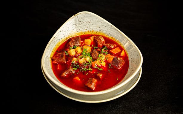Hungarian goulash served on Budapest dinner cruise.
