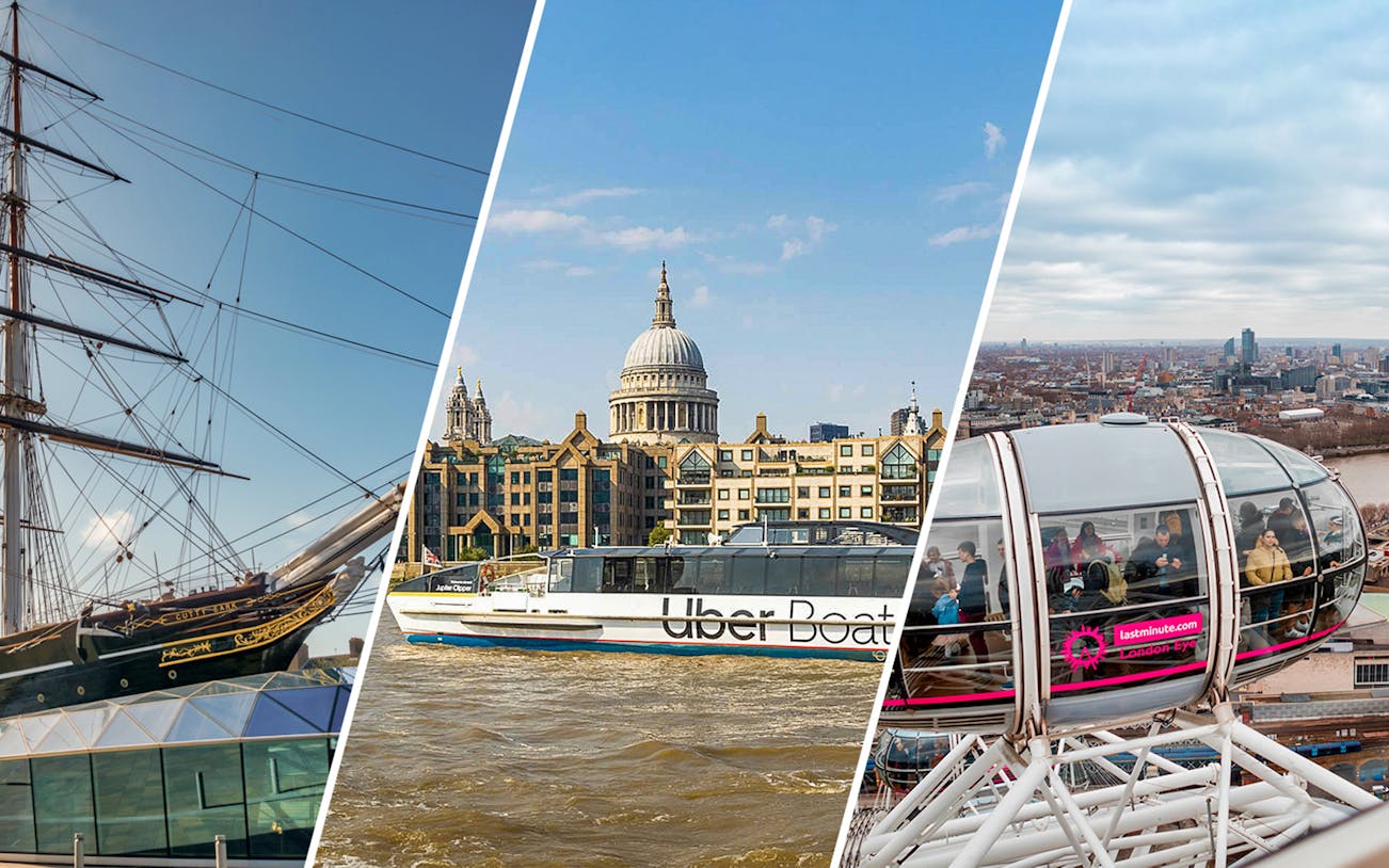 Cutty Sark ship, Uber Boat on Thames, and London Eye capsule in London.