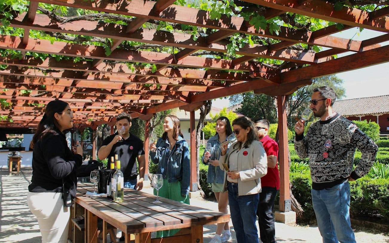 Tourists tasting wine under a vine-covered pergola at Santa Rita Winery, Maipo Valley, Chile.