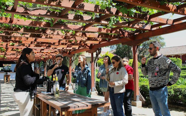 Tourists tasting wine under a vine-covered pergola at Santa Rita Winery, Maipo Valley, Chile.