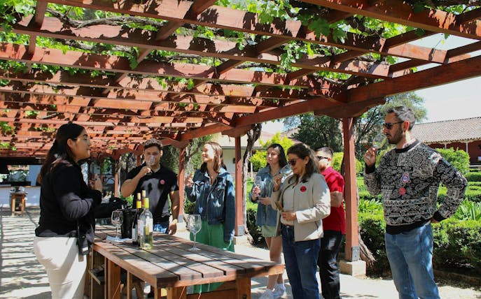 Tourists tasting wine under a vine-covered pergola at Santa Rita Winery, Maipo Valley, Chile.