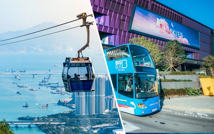 Ngong Ping Cable Car over Lantau Island and Big Bus Tours in Hong Kong.