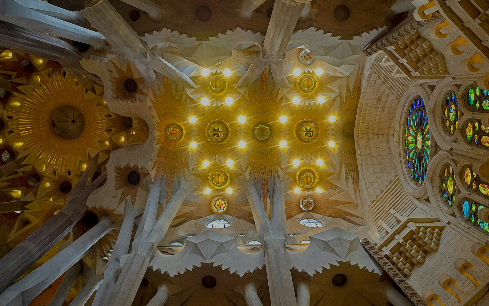Sagrada Familia interior with Gaudi's intricate columns and stained glass windows, Barcelona.