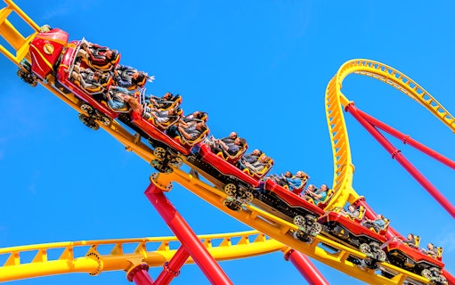 Roller coaster riders on THE FLASH™ Vertical Velocity at Six Flags Great Adventure.