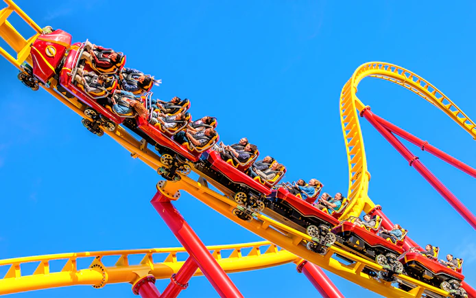 Roller coaster riders on THE FLASH™ Vertical Velocity at Six Flags Great Adventure.