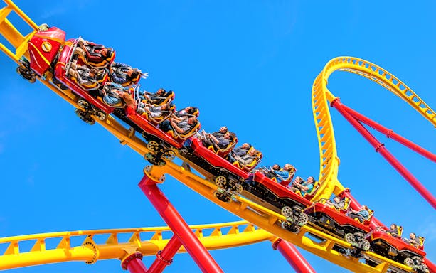 Roller coaster riders on THE FLASH™ Vertical Velocity at Six Flags Great Adventure.