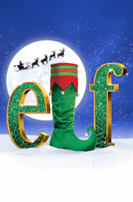 Elf The Musical stage performance with actors in festive costumes, New York City.