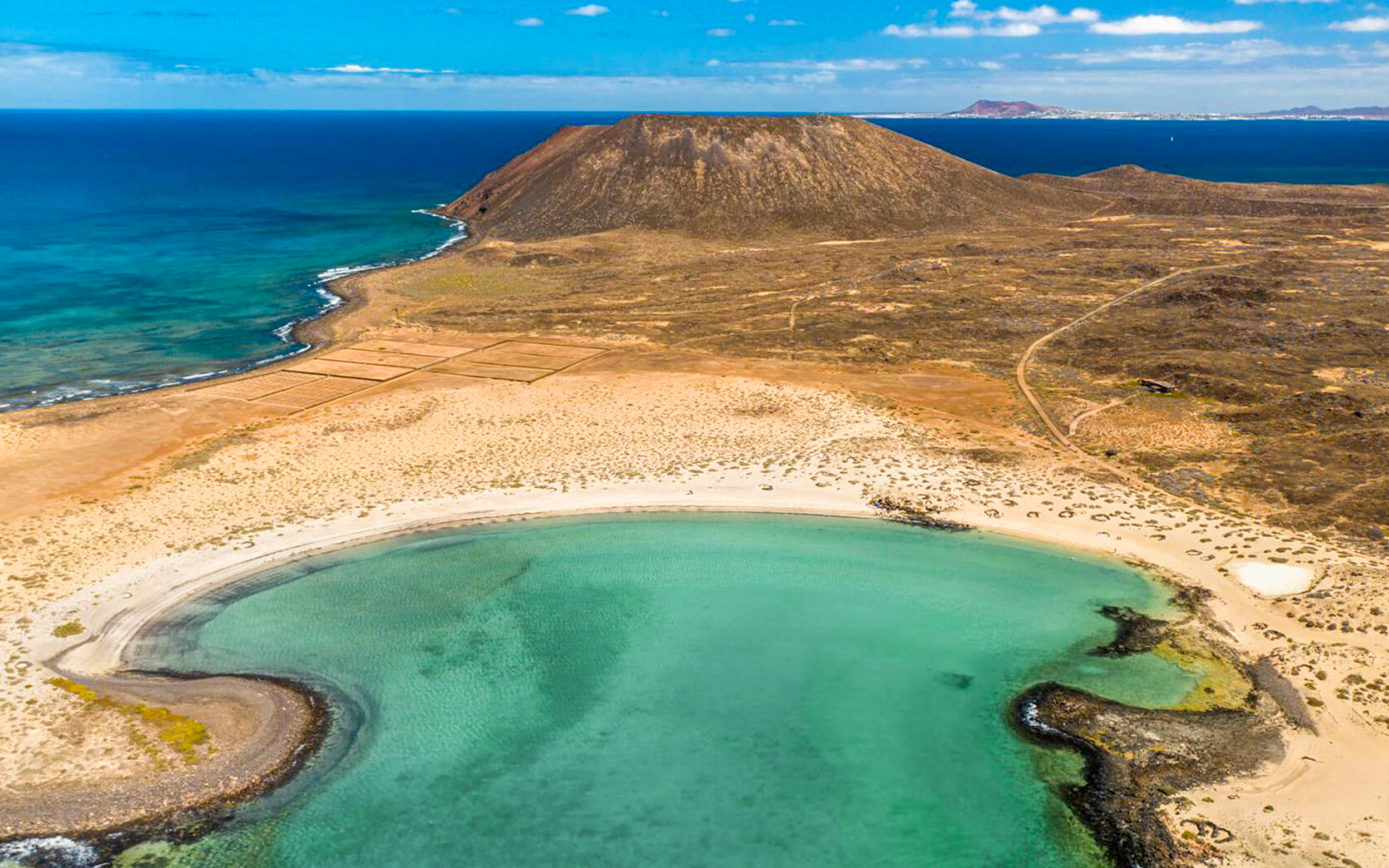 Aerial view of Isla de Lobos bay near Corralejo, Fuerteventura, Canary Islands, Spain.