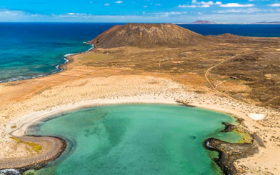 Aerial view of Isla de Lobos bay near Corralejo, Fuerteventura, Canary Islands, Spain.