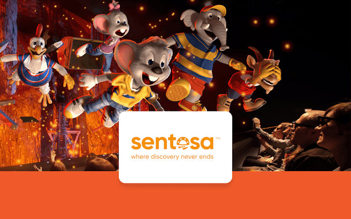 Animated characters enjoying a 4D adventure at Sentosa, Singapore.