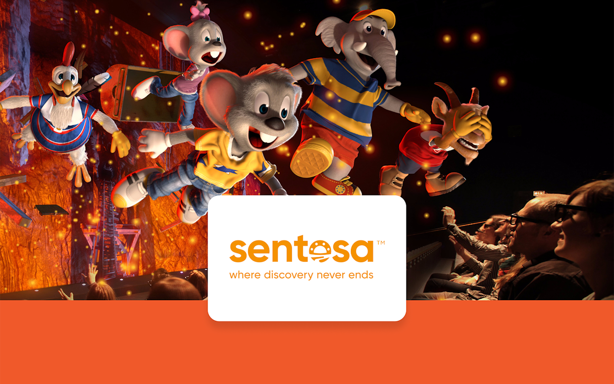 Animated characters enjoying a 4D adventure at Sentosa, Singapore.