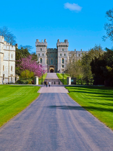 Windsor Castle entrance with pathway and surrounding gardens.