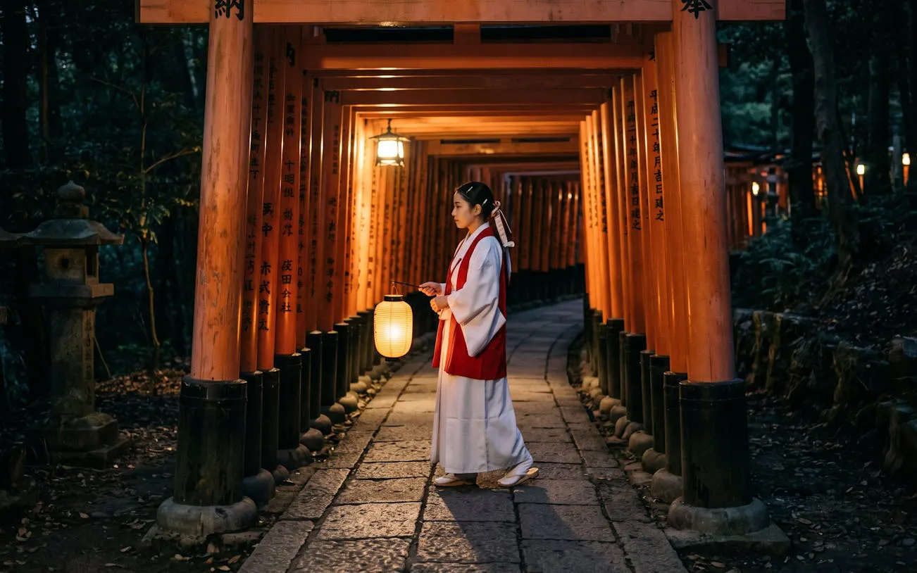 Woman walking with lantern through Fushimi Inari's torii gates at night, Kyoto.