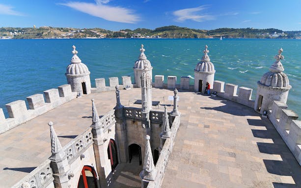 Belem Tower terrace overlooking the Tagus River in Lisbon, Portugal.